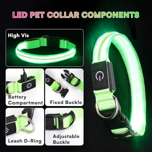 Neon LED Light Up Dog Collar for Night Walking, Rechargeable Safety Glow Illuminated Collar with 3 Modes Flashing, Reflective Adjustable Pet Light for Small/Medium Dogs Puppy 15-19" Neck (Green) - color: 1-Pack(Green)&Medium