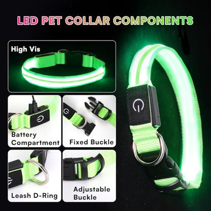 Neon LED Light Up Dog Collar for Night Walking, Rechargeable Safety Glow Illuminated Collar with 3 Modes Flashing, Reflective Adjustable Pet Light for Small/Medium Dogs Puppy 15-19" Neck (Green) - color: 1-Pack(Green)&Medium