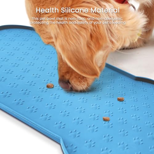 PWTAA Dog Food Mat Anti-Slip Silicone Dog Bowl Mat Thicker Pet Placemat Waterproof Cat Feeder Pad with Raised Edge Puppy Kitten Feeding Mats Suitable Small Medium-Sized Dogs Cats Eating Tray - color: Blue, size: 19.4" x 9.8"