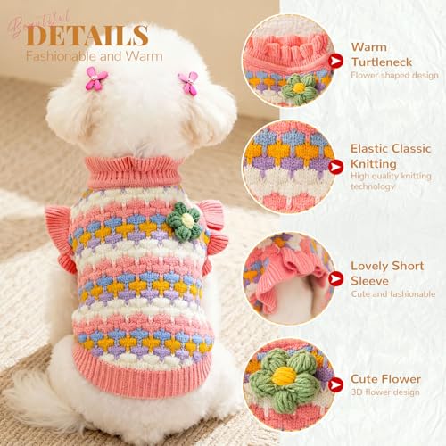 BAEJMJK Cute Flower Small Dog Sweater Soft Girl Dog Clothes Turtleneck Warm Pet Puppy Knitted Pullover Princess Dogs Cats Outfits(Pink,Large) - color: Pink, size: Large
