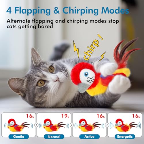 Vannon Cat Toys Flapping Bird(Cannot Fly), Rechargeable Touch Activated Kitten Toy Interactive Cat Exercise Toys with Catnip and Feather for Indoor Cat - Red - color: Red