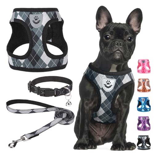 SCENEREAL Small Dog Harness and Leash Collar Set, Step in No Pull Soft Mesh Dog Harnesses for Small Medium Sized Dogs Puppy and Cats Outdoor Walking, No Chock Reflective Vest Harness, Black Plaid M - color: Black, size: M: Chest Girth: 16"-18"