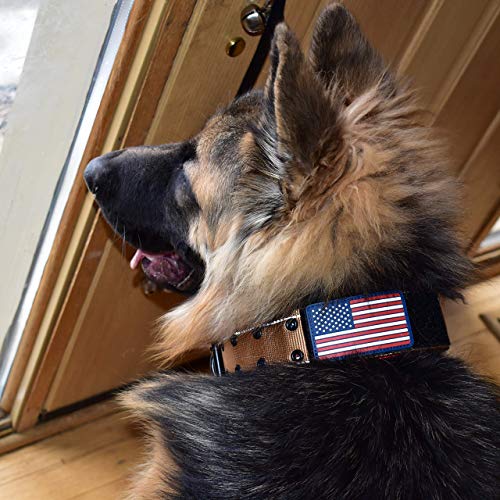 Tactical Dog Collar 2 Inch Wide Heavy Duty with Metal 2-Pin Belt Buckle for Medium, Large & XL Dogs, Thick Military-Style K9 Collar, Reflective, with Name Plate Area, USA Flag Patch, Strong & Durable - color: TAN, size: 12-20 inches