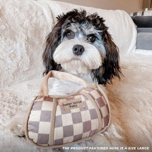 Haute Diggity Dog Chewy Vuiton Handbag Plush Squeaky Dog Toy, Soft Durable Designer-Inspired Stuffed Puppy Chew Toys for Small & Medium Dogs, Machine-Washable (Tan Checker) Large - color: Brown Handbag, size: Large