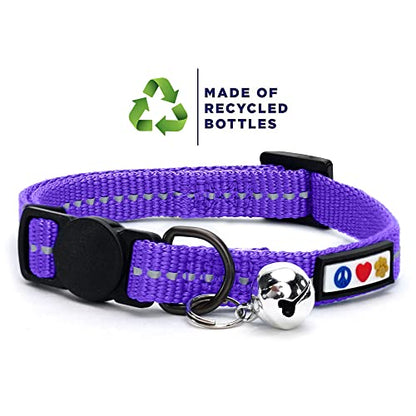 Pawtitas Recycled Purple Reflective Cat Collar – Eco-Friendly Breakaway Safety Buckle, Adjustable Kitten & Adult Collar with Removable Bell and High-Visibility Strap - color: Recycled Purple