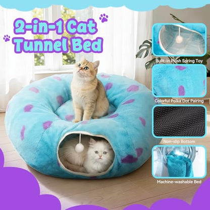 Cat Tunnel Bed for Indoor Cats, Cute Cat Tunnel Toy with Washable Cushion, Fits Cats up to 25 lbs, Peekaboo Cave Pet Bed for Kittens, Rabbits, Blue Purple Donut - color: Blue Purple