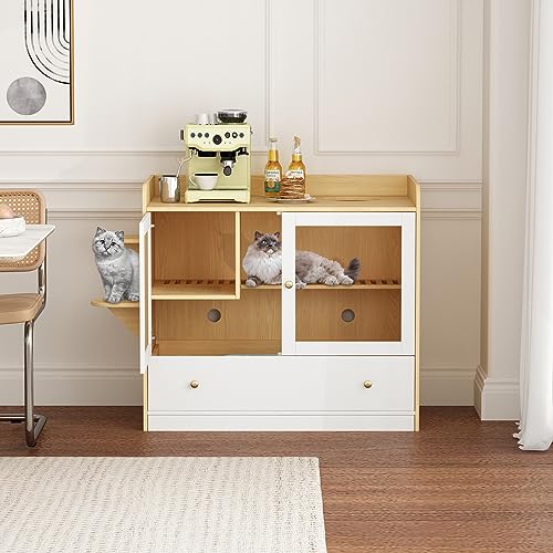 Extra Large Cat Litter Box Enclosure Furniture Hidden, Cat Condo Cabinet Pet House with Stairs for 2, Nightstand Side Table witha Large Drawer for Living Room, Natural - color: Burlywood