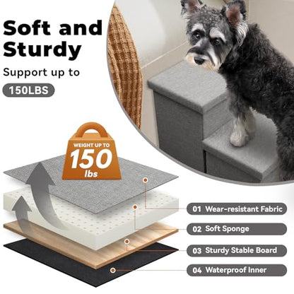 Zerbuger Dog Stairs 15" H, 2-Step Wider Dog Steps for Small/Medium/Large Old Dogs Cats, Folding Sturdy Storage Pet Stairs Climbing Bed Couch, Dog Ramp for Car Hold Up to 150 lbs(Gray, with Condo)