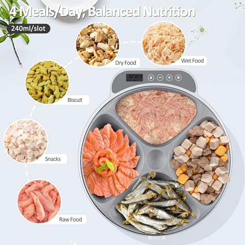 QXQIN Automatic Cat Feeder Wet Food, 4 Meals Cordless Auto Refrigerated Pet Feeder with 2 Ice Packs & Meal Cover, Programmable Timer & 4PCS AA Batteries Included for Cats Small Dogs-ABS Food Tray