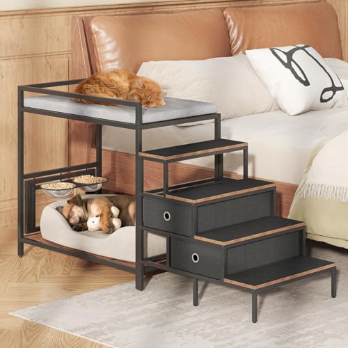 Saudism Dog Window Perch with 360° & Adjustable Raised Feeder, Pet Bunk Bed with Stair and Drawers, Elevated Platform Bed, Pet Elevated Seat with Cushion, Paw-Friendly Ladder