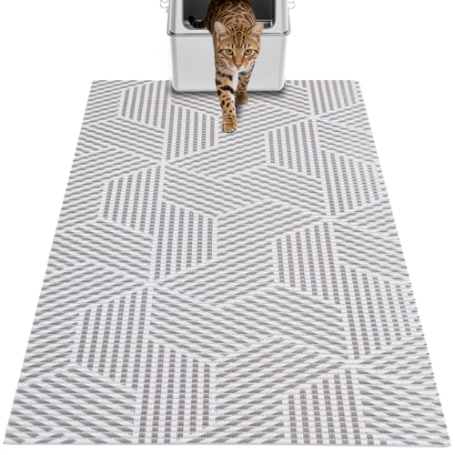 Extra Large Cat Litter Mat, 40x25 Inch Trimable & Soft Foam Pad, Leak-Proof & Non-Slip Bottom, Machine Washable, Scatter Control for Litter Box Area (Beige Geo)