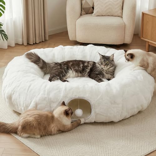 Extra Large Cat Tunnel, 47.2in Luxury Tunnel for Large Cats, Extra Long Bubble Fleece Big Cat Tunnel for Cats with Washable Mat, Skin-Friendly Large Tunnel for Cats, Puppy, Rabbits White - color: White, size: Large