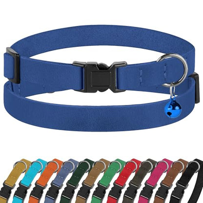 Breakaway Cat Collar Leather with Removable Bell - 13 Colors Available - Soft Adjustable Girl Boy Safety Lightweight Pet Kitten Collars Pink Brown Blue Green Red Orange Black (Blue) - color: Blue