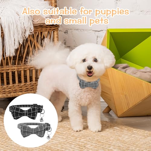 Jeffdad 2Pcs Cat Collar Breakaway, Cat Collar with Bells Bowtie Plaid Cat Collar Adjustable for Kitten Puppy and Small Pets (Black and Gray Plaid) - color: Black and gray plaid