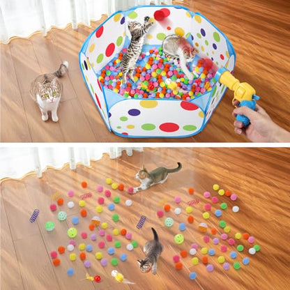 Palksky Interactive Cat Toys with Cat Ball Pit, Toy Balls, Ball Launcher, Spring Toys for Bored Indoor Cats Self Play, Enrichment Toy for Fun and Exercise - style: Cat Toys ( with Ball Launcher )