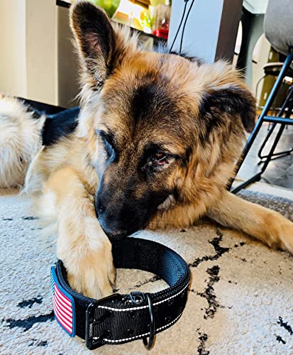 Tactical Dog Collar 2 Inch Wide Heavy Duty with Metal 2-Pin Belt Buckle for Medium, Large & XL Dogs, Thick Military-Style K9 Collar, Reflective, with Name Plate Area, USA Flag Patch, Strong & Durable - color: BLACK, size: 12-20 inches