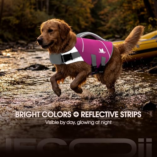 IECOii Large Dog Life Jacket for Swimming, Reflective Dog Floating Vest with Strong Life Handle and Metal D-Ring, Summer Beach & Pool Essentials Water Play Gear, Bright Pet Dogs Life Vest Rosered, L - color: Rose Red, size: Large Chest:22.8-29.5'')