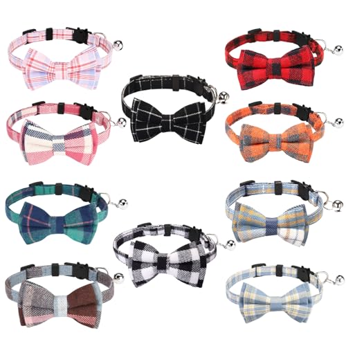 10 Pcs Cat Collar Breakaway with Bow Tie and Bell Kitten Collars Removable Bowtie Plaid Cat Collar for Cats Kittens Puppy (Fashion) - color: Fashion