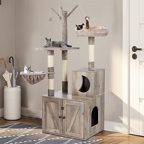 Timberer Litter Box Enclosure with Cat Tree, 2-in-1 Cat Tree Tower, Hidden Cat Litter Box Furniture with Scratching Post, Modern Cat Condo, Grey - color: Grey
