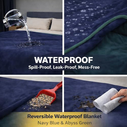 Queen Size Waterproof Blanket – Stain-Proof, Spill-Proof Flannel Blanket for Bed, Couch, Kids & Pets Protection, Reversible Splash-Proof Design (Navy Blue & Abyss Green, 80x90) - color: Navy Blue & Abyss Green, size: Queen
