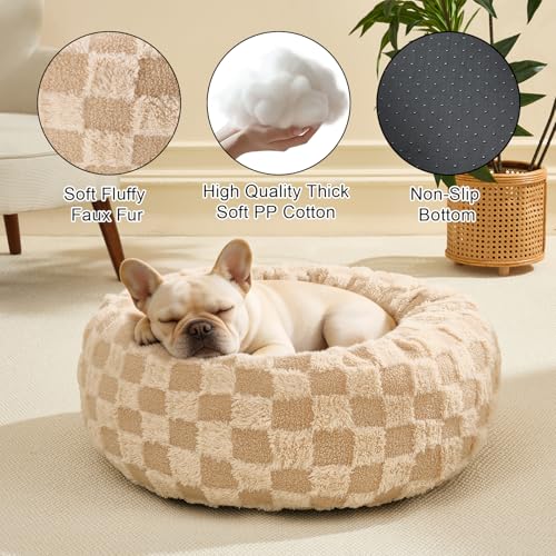 Dog Calming Beds for Small Medium Large Dogs - Round Donut Washable Puppy Dog Bed, Anti-Slip Faux Fur Fluffy Donut Cuddle Anxiety Cat Pet Bed (28" Grid) - color: Grid, size: 28"L x 28"W x 8"Th
