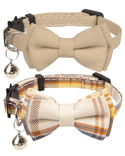 Cat Collar Breakaway Bowtie Safety with Bell Adjustbale Kitten Puppy Solid Plaid Color Set D-[2pcs] Beige - color: D-[2pcs] Beige