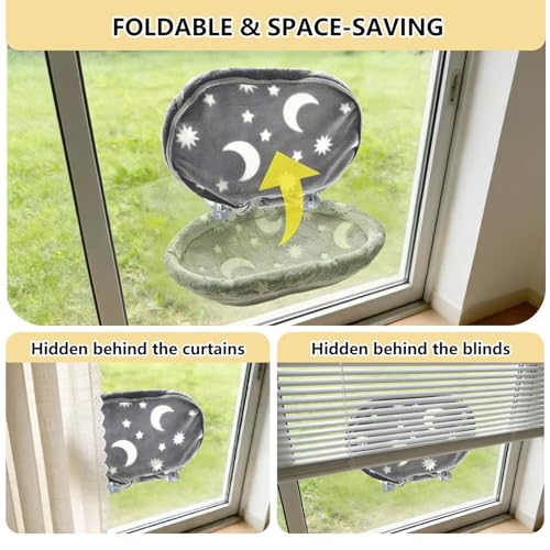 Cat Window Perch Hammock - Glow in The Dark Cordless Foldable Pet Bed with Sturdy Metal Frame & Strong Suction Cups, Star Print Resting Seat for Indoor Cats with Removable Washable Cover