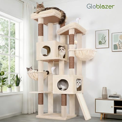 Globlazer 72in Heavy Duty Cat Tree Tower for Large Adult Cats, Multi-Level Cat Condo Stand with 2 Cozy Baskets & 6 Sisal Scratching Posts, S72E, Beige - color: Beige
