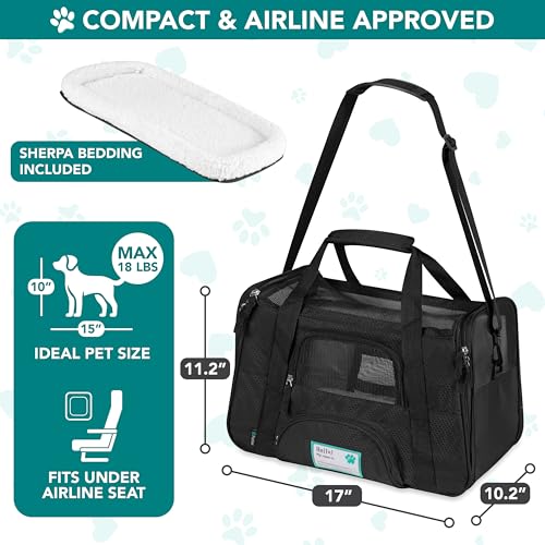 PetAmi Airline Approved Pet Carrier for Cats & Small Dogs, Soft Sided TSA Travel Carrier Bag with Sherpa Bed, Breathable Mesh Ventilation, Collapsible Bowl, Fits Under Seat, Up to 18 lbs, Small Black - color: Black, size: Small - 17"L x 10.2"W x 11.2"H