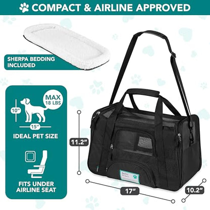 PetAmi Airline Approved Pet Carrier for Cats & Small Dogs, Soft Sided TSA Travel Carrier Bag with Sherpa Bed, Breathable Mesh Ventilation, Collapsible Bowl, Fits Under Seat, Up to 18 lbs, Small Black - color: Black, size: Small - 17"L x 10.2"W x 11.2"H