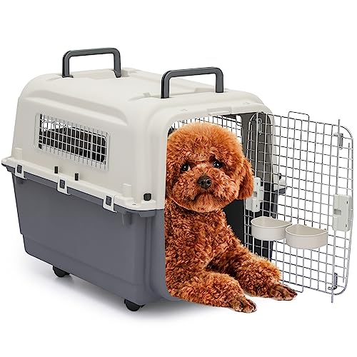MoNiBloom 32-Inch Plastic Carrier on Wheels for Small/Medium Dogs and Cats, Multifunction Hard Cat Carrier Dog Kennel Ventilation and Security Lock Design for Pets up to 30 Pounds - color: Grey, size: 32.0"L x 22.0"W x 25.0"H