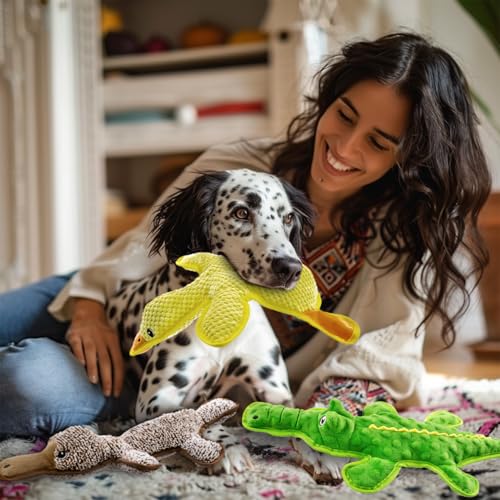 No Stuffing Dog Squeak Toys-3 Pack Chew Toys for Small Medium Large Breed- Durable Puppy Teething Interactive to Keep Them Busy- Best Birthday Gift - color: Yellow&Coffee&Green