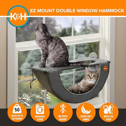 K&H Cat Window Perch EZ Mount Double Window Hammock - Sturdy 2-Level Kitty Sill Seat, Strong Suction Cups, Metal Frame, Cord-Free, Cozy Sunbathing Bed for Multiple Indoor Cats, Holds 50 lbs