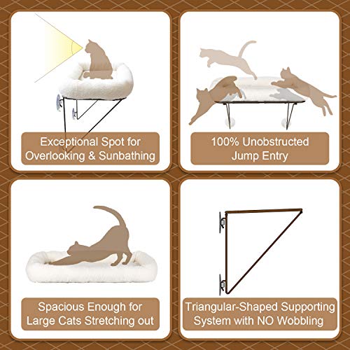 Zakkart Cat Window Perch - 100% Metal Supported from Below - Comes with Warm Spacious Pet Bed - Cat Window Hammock for Large Cats & Kittens - for Sunbathing, Napping & Overlooking (White) - color: White