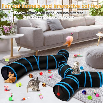 Poen 22pcs Cat Kitten Toys Set with 2 Collapsible Cat Tunnel and 20 Interactive Kitty Feather Toy, Fluffy Mouse, Crinkle Balls, for Kitten Puppy(Blue, Black) - color: Blue, Black