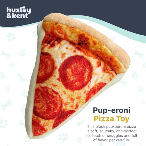 Huxley & Kent Funny Dog Toy w/Squeaker – Power Plush Squeaky Dog Toys for Small, Medium & Large Dogs – Soft Stuffed Animal for Indoor Play & Fetch - Pup-eroni Pizza, Small - size: Small, style: Puperoni Pizza
