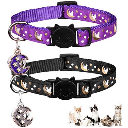 2Pcs Breakaway Cats Collars Cat Collars for Boy & Girl Cats Moons Adjustable Kitten Collars with Bell & Pendant Glow in The Dark,Purple+Black - color: Purple+Black, size: 7.0-10.7''