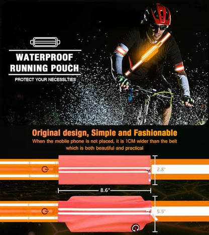 Ylzzrs LED Belt Reflective Sash for Walking at Night,High Visibility Adjustable Night Running Safety Gear,Light Up Running Belt Reflective Gear with Phone Bag/Armband for Runners Walkers Men Women - color: Orange