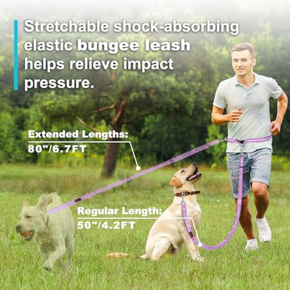 Laqibak Hands Free Dog Leash, Adjustable Waist Leash for Dog, Handle Bungee 4.2-6.7 Feet Long with Reflective Stitches for Walking Hiking Running, Fits 26"- 43" Waist, Light Purple - color: Light Purple