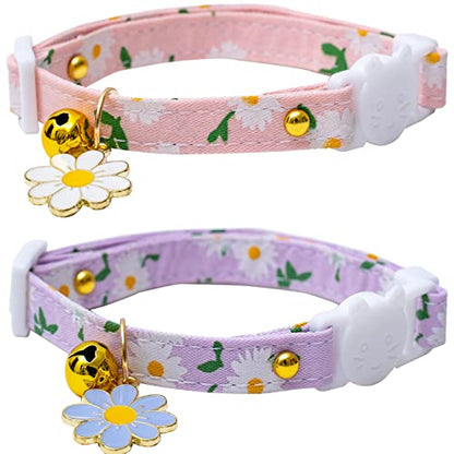 2 Pack Cotton Breakaway Cat Collars with Bell Flower Pendant Kitty Kitten Collars Pink Purple Collar for Female Girl Cats Male Boy Cats - color: Pink&Purple