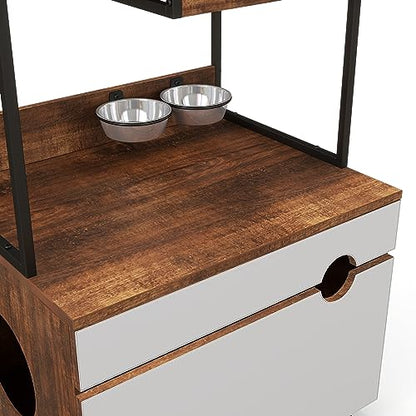 Cat Litter Box Enclosure Cat House Cat Washroom Furniture Cat Cabinet with Storage Shelf, Cat Tree Tower, White+Vintage