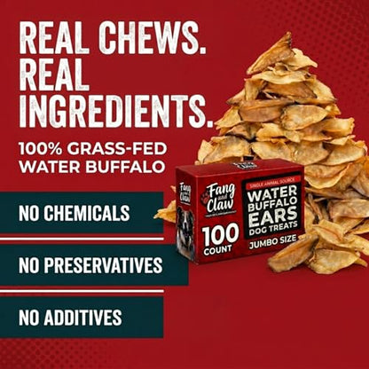 100 Count Water Buffalo Ears for Dogs, Bulk Pack, Jumbo 5-Inch - Pig Ear & Rawhide Alternative, Single-Ingredient Grass-Fed Long-Lasting Natural Dog Chews for Aggressive Chewers - style: 100 Count