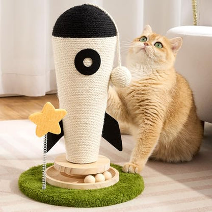 Cat Scratching Post, Rocket Cute Sisal Cat Scratcher with Durable Solid Wood Turntable Toy, Cat Scratch Post Red Cat Scratcher with Spinning Star Toy for Indoor Adult Cats - color: Black Rocket