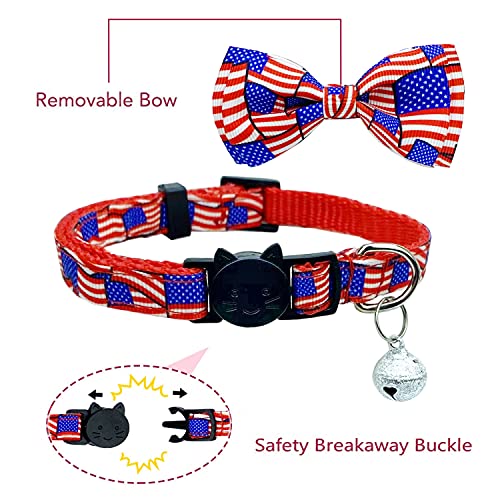 4th of July Cat Bow Tie Collar with Bell, Independence American Holiday Kitty Kitten Patriotic USA Flag Collars for Boys Girls Male Female Cats - color: Pattern 1