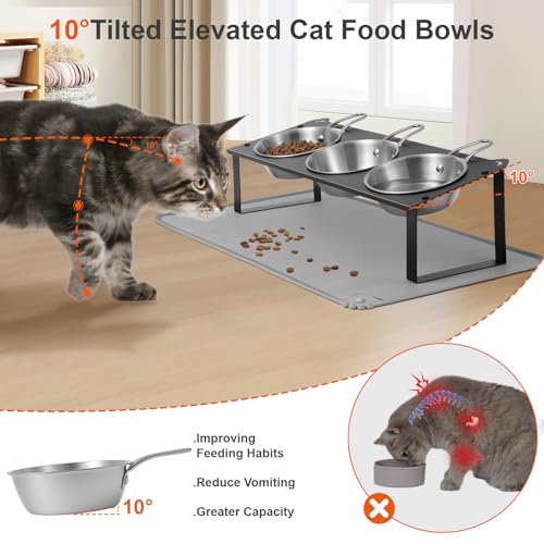 Elevated Cat Bowls with Food Mat, 10°Tilted Non-Slip Raised Cat Food Water Bowls Set, 3 Thick Stainless Steel Pets Dishes with Handles to Indoor Kitten Puppy, Anti-Vomiting Cute Metal Feeding Stand - color: Black-3Bowls-Handles