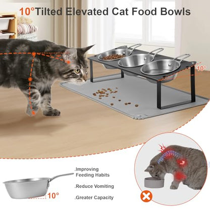 Elevated Cat Bowls with Food Mat, 10°Tilted Non-Slip Raised Cat Food Water Bowls Set, 3 Thick Stainless Steel Pets Dishes with Handles to Indoor Kitten Puppy, Anti-Vomiting Cute Metal Feeding Stand - color: Black-3Bowls-Handles
