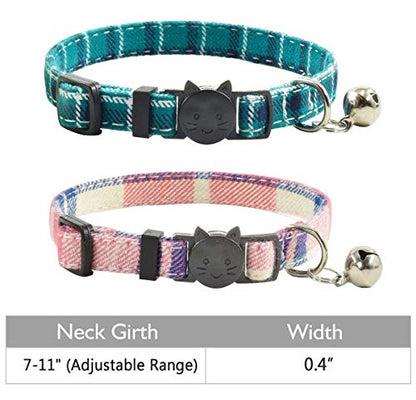 Cat Collar Breakaway with Bell, Cute Plaid Patterns Design Adjustable Kitty Safety Collars 2 Pack Pet Collar for Cats(7-11inches, Teal+Pink) - color: Teal+Pink