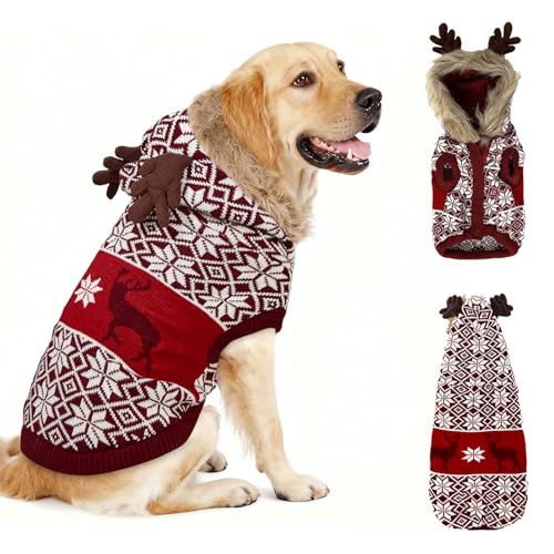 Dog Sweater Soft Dog Outfit with Hoodie Warm Snowflake Reindeer Dogs Cats Knitwear Clothes for Cold Weather Classic Colorful Design Sweater, Large - size: Large