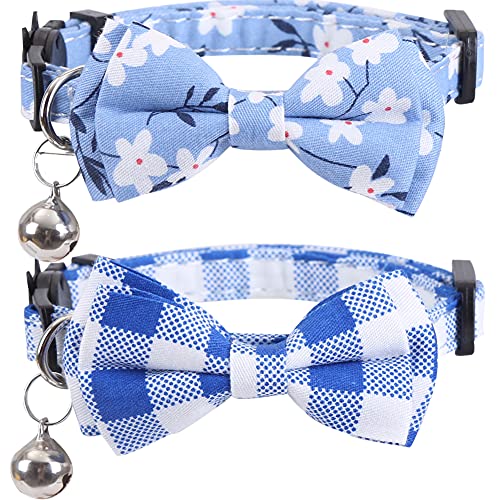 2 Pack/Set Cat Collar Breakaway with Cute Bow Tie and Bell Plaid Flower for Kitty Adjustable Safety - color: Blue