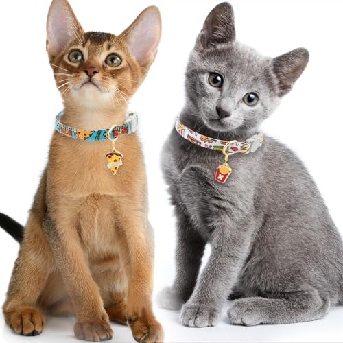 Faygarsle 2 Pack Breakaway Cat Collar with Bells for Female Malel Cats Cute Blue White Collar with Pizza Fries Charm for Cats - color: Blue&White